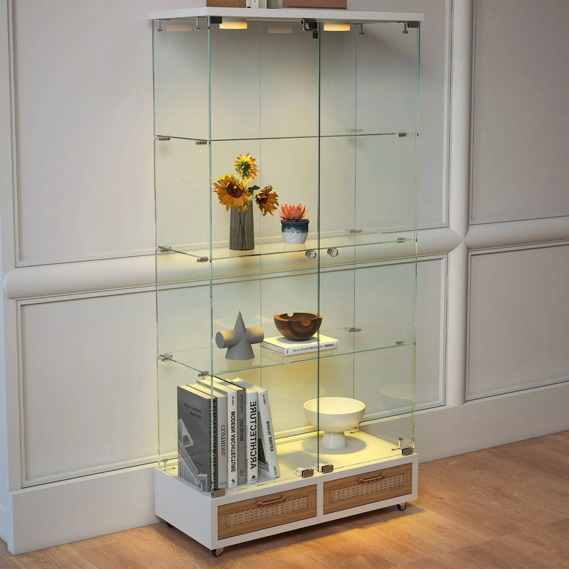 Glass Display Cabinet With LED Lights, Tempered Glass Doors, Large Drawers, 2 Door Storage Case With 4 Shelves - Natural / White by Unique Piece Furniture