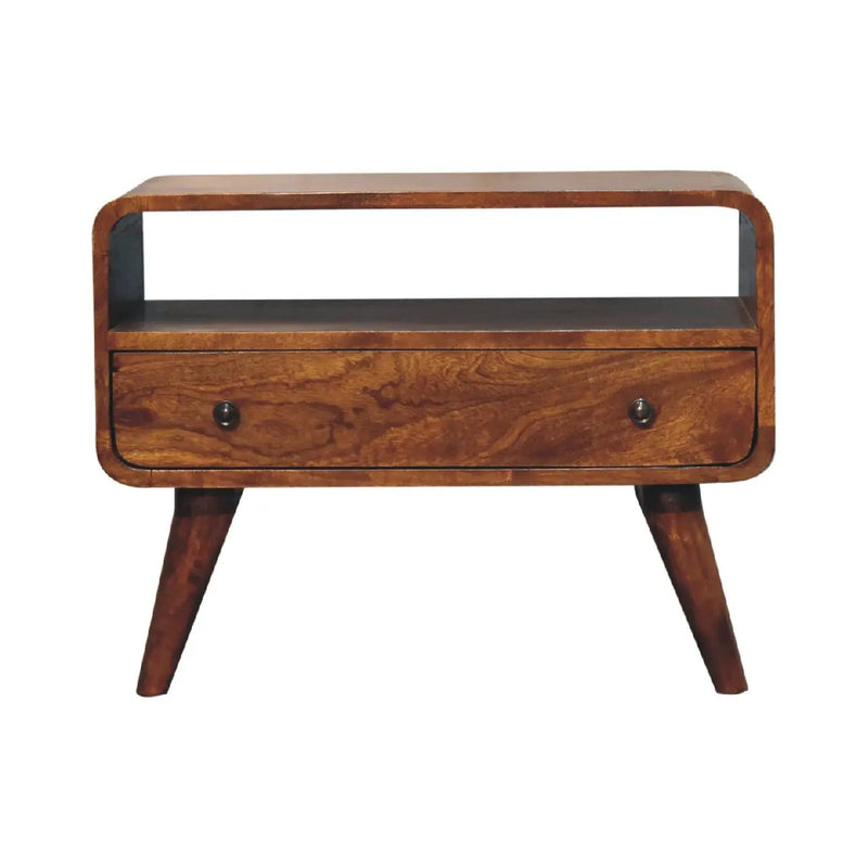 Solid Wood Mini Curved Media Unit, Chestnut, 1-Drawer, 1 Open Slot by HouseOfZazla