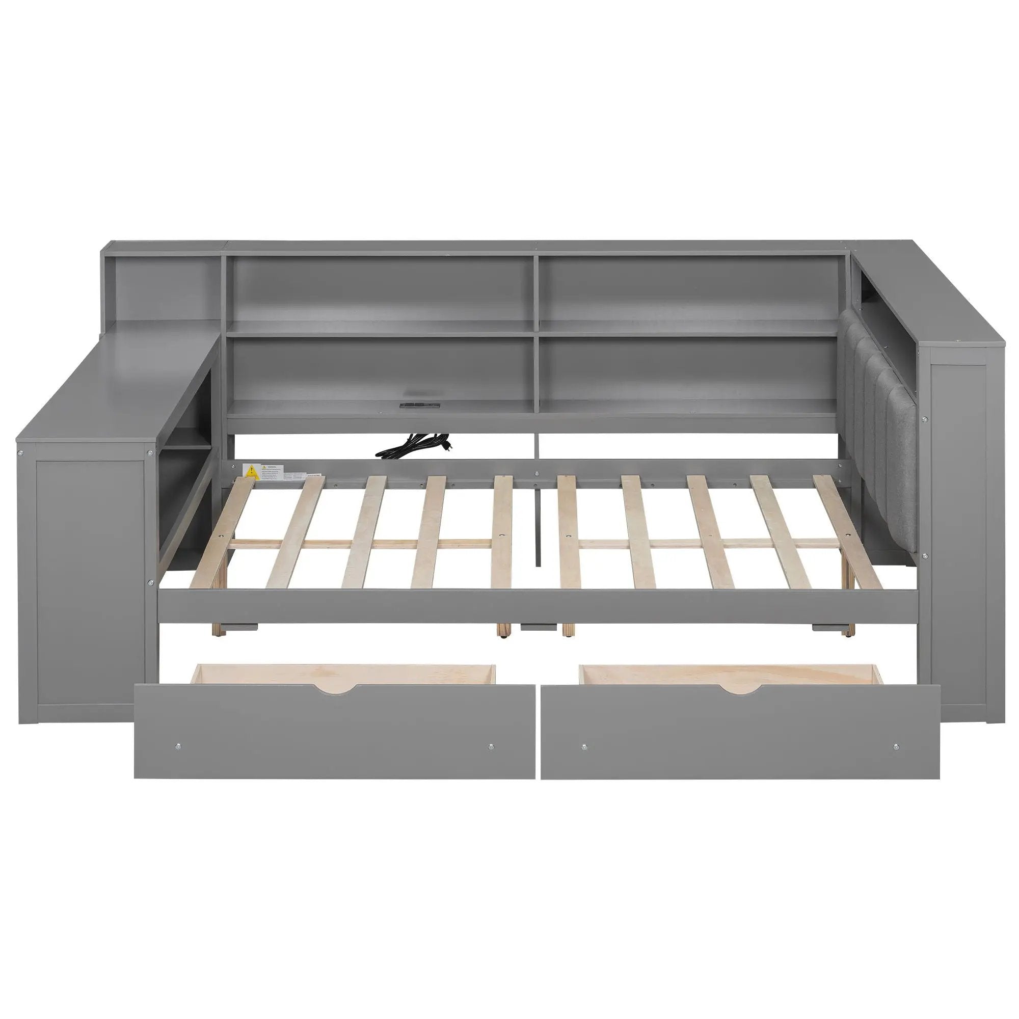 Platform Bed With Upholstered Headboard, Storage Shelves, Drawers, Charging Station, LED Lighting, Built In Desk by Unique Piece Furniture