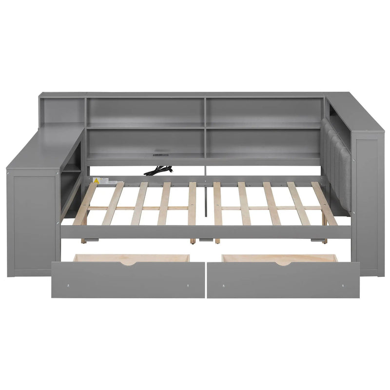 Platform Bed With Upholstered Headboard, Storage Shelves, Drawers, Charging Station, LED Lighting, Built In Desk by Unique Piece Furniture