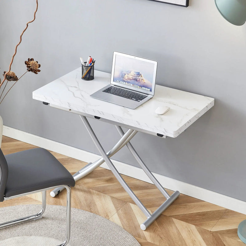 Modern Minimalist Multifunctional Lift Table With Metal Legs - White / Silver by HouseOfZazla