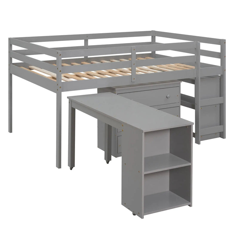 Loft Low Study Bed With Cabinet, Shelves And Rolling Portable Desk, Multiple Functions by Unique Piece Furniture