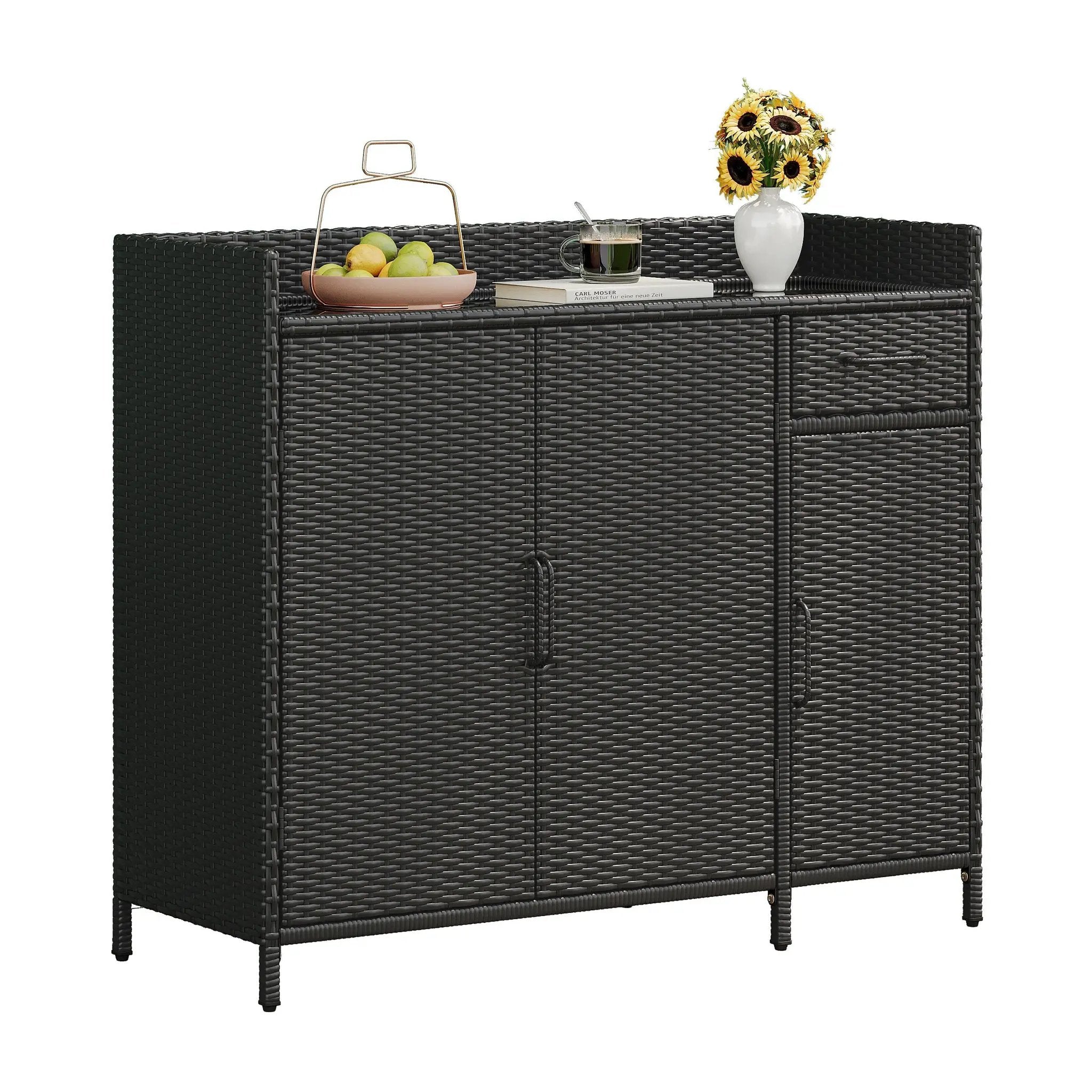 K&K 47.5"W Wicker Outdoor Storage Cabinet with Tempered Glass Top by HouseOfZazla