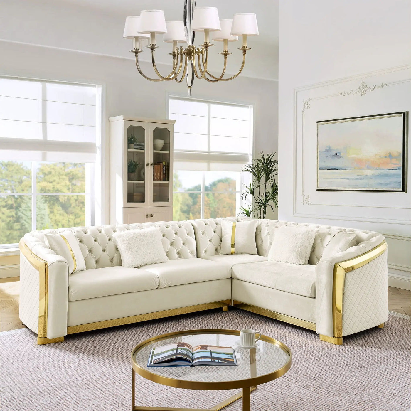 L Shaped Chesterfield Sectional Sofa With Stainless Steel Accents by Unique Piece Furniture