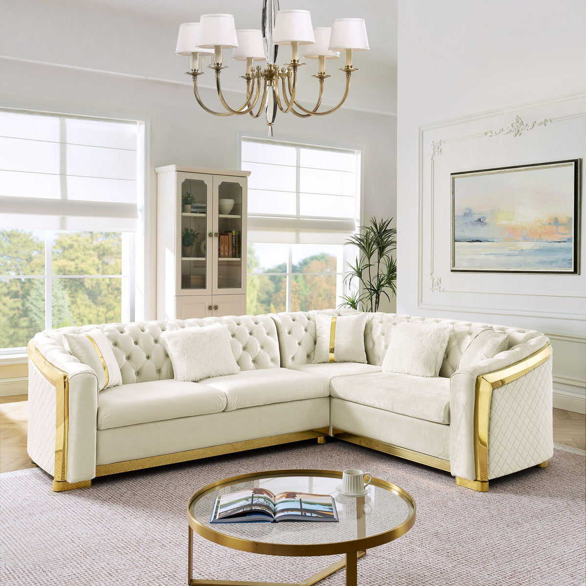 L Shaped Chesterfield Sectional Sofa with Stainless Steel Accents - Pink, Black, Beige, photo 6 of 10