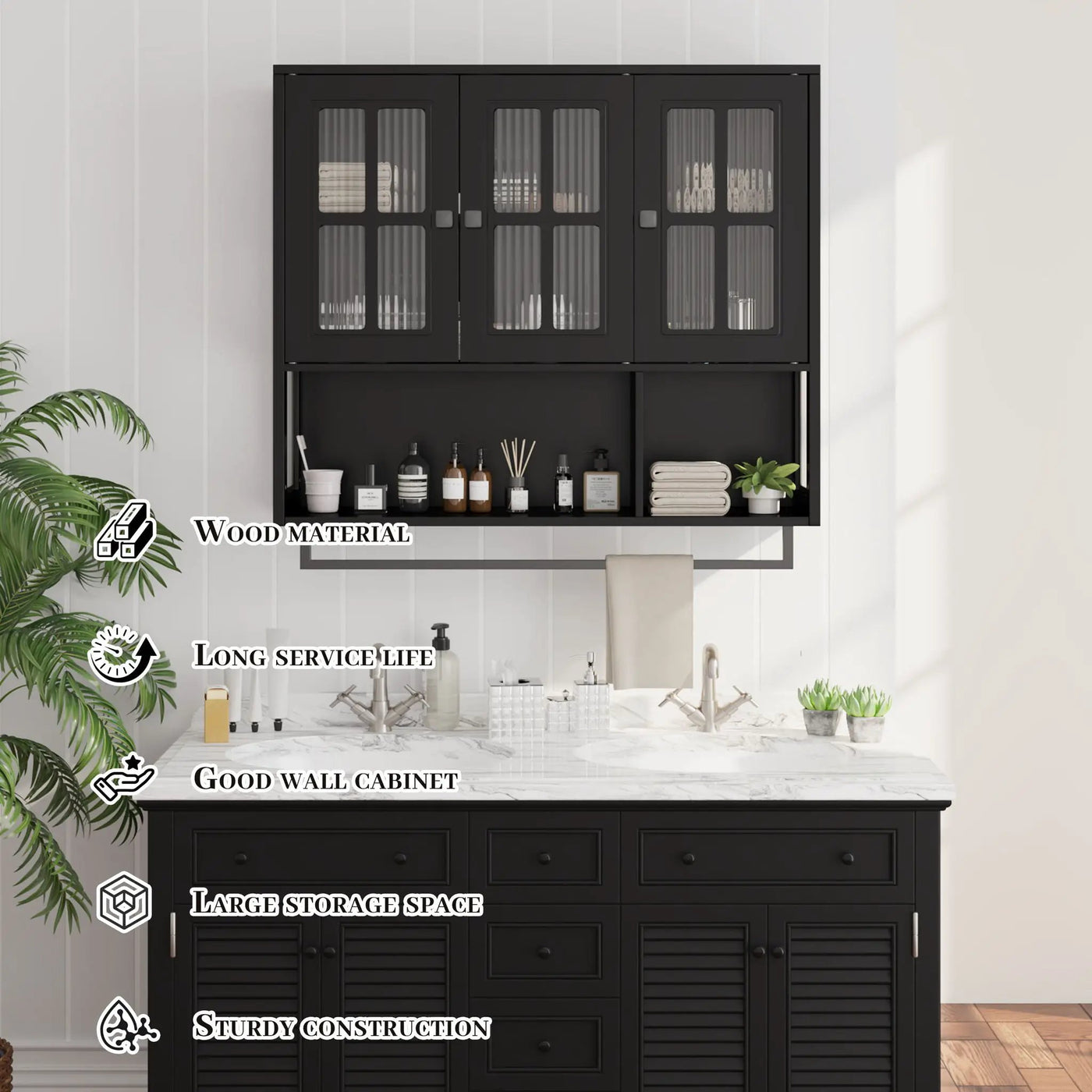 3 Door Wall Cabinet With Glass Door And Towel Bar by Unique Piece Furniture