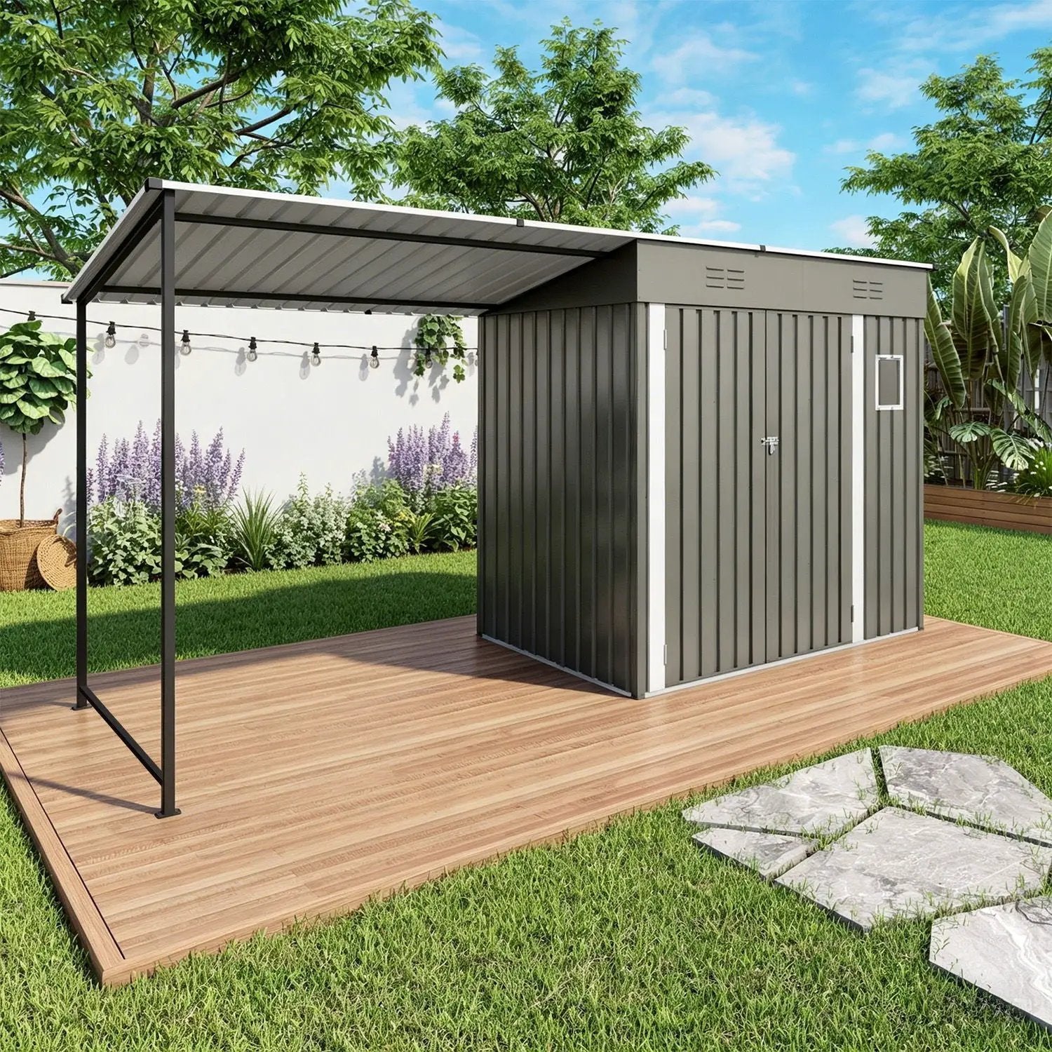 Lean To Shed With Open Sided Pergola, Outdoor Storage Shed & Attached Hardtop Gazebo Combo - Gray by HouseOfZazla