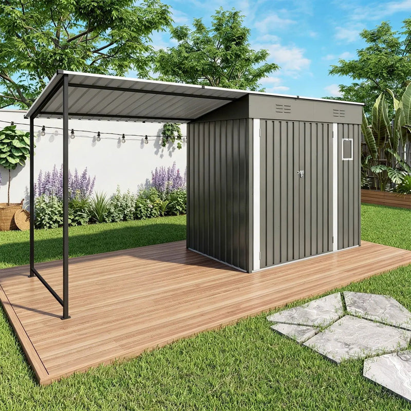Lean To Shed With Open Sided Pergola, Outdoor Storage Shed & Attached Hardtop Gazebo Combo - Gray by HouseOfZazla