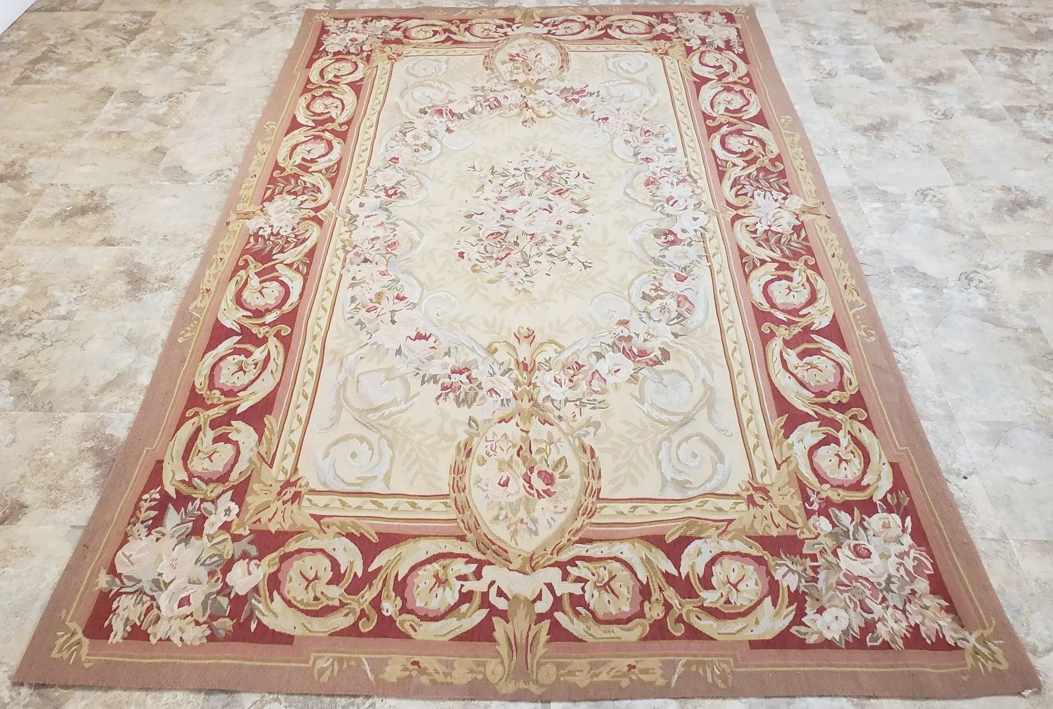 Aubusson Rug 6x9, Elegant Flatweave Rug, Aubusson Savonnerie 6 x 9 Flatweave Area Rug, Cream and Red, Wool Hand Woven Carpet, Medium Size by Jewel Rugs