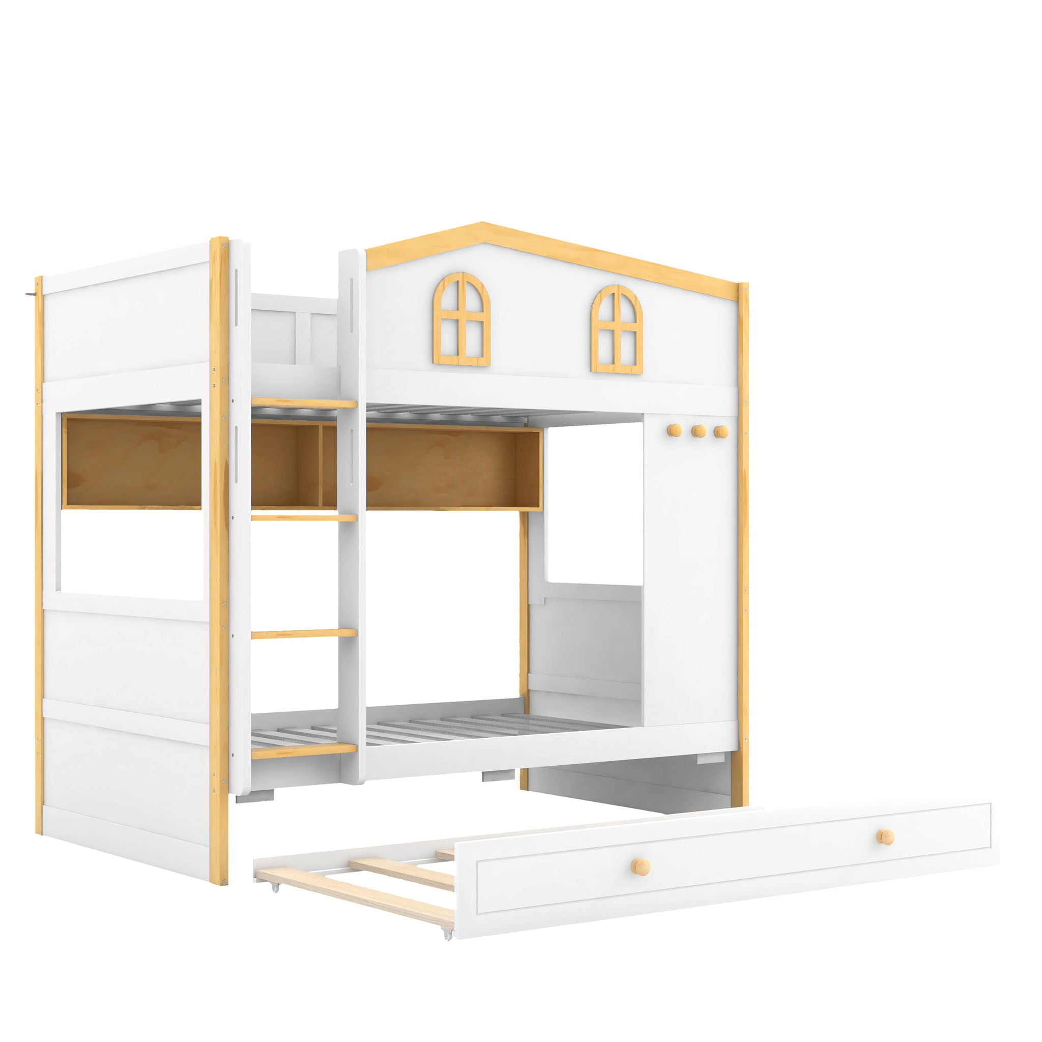 Bunk Bed With House Shaped Guardrails, Storage Shelves, And Trundle by HouseOfZazla