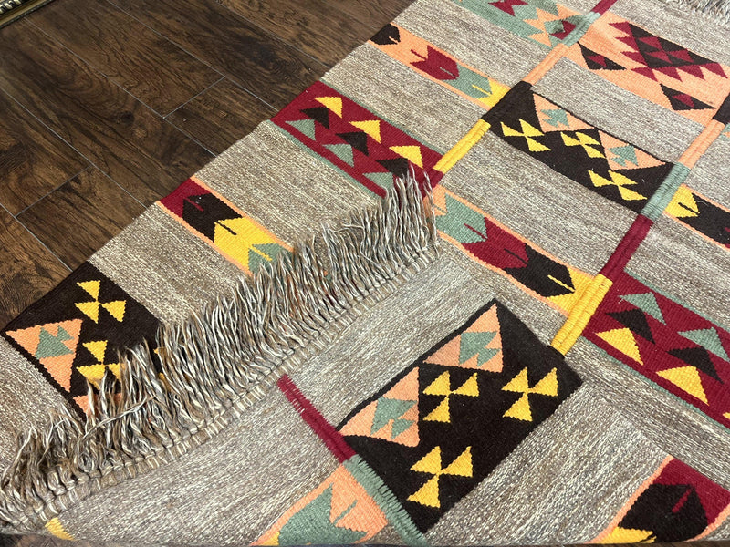 South American Flatweave Rug, Gray, Handmade Vintage Wool Bohemian Blanket by Jewel Rugs