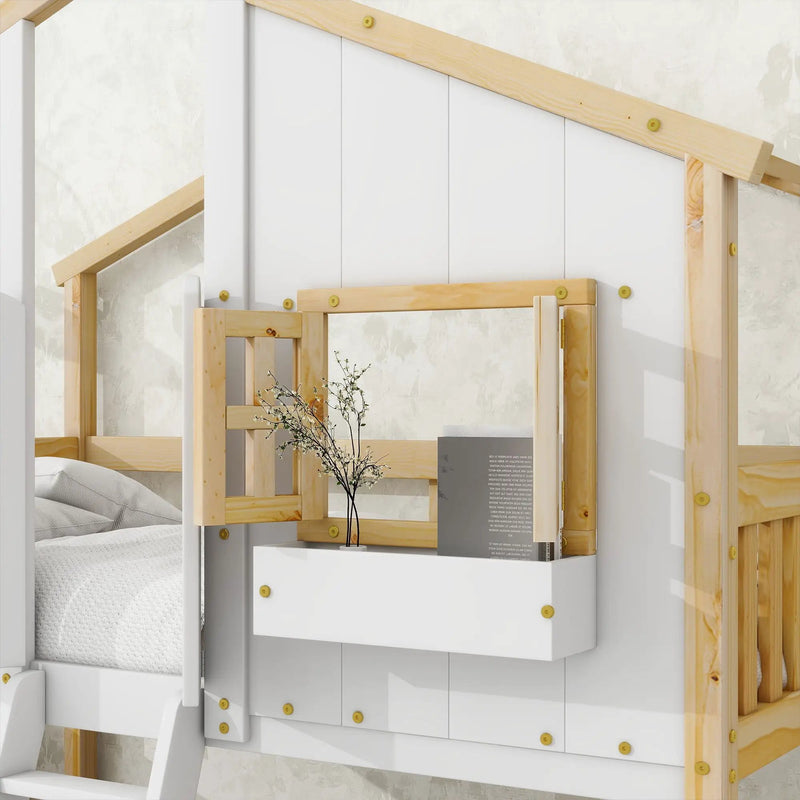 House Bunk Bed With Roof, Window, Window Box, Door, With Safety Guardrails And Ladder by HouseOfZazla