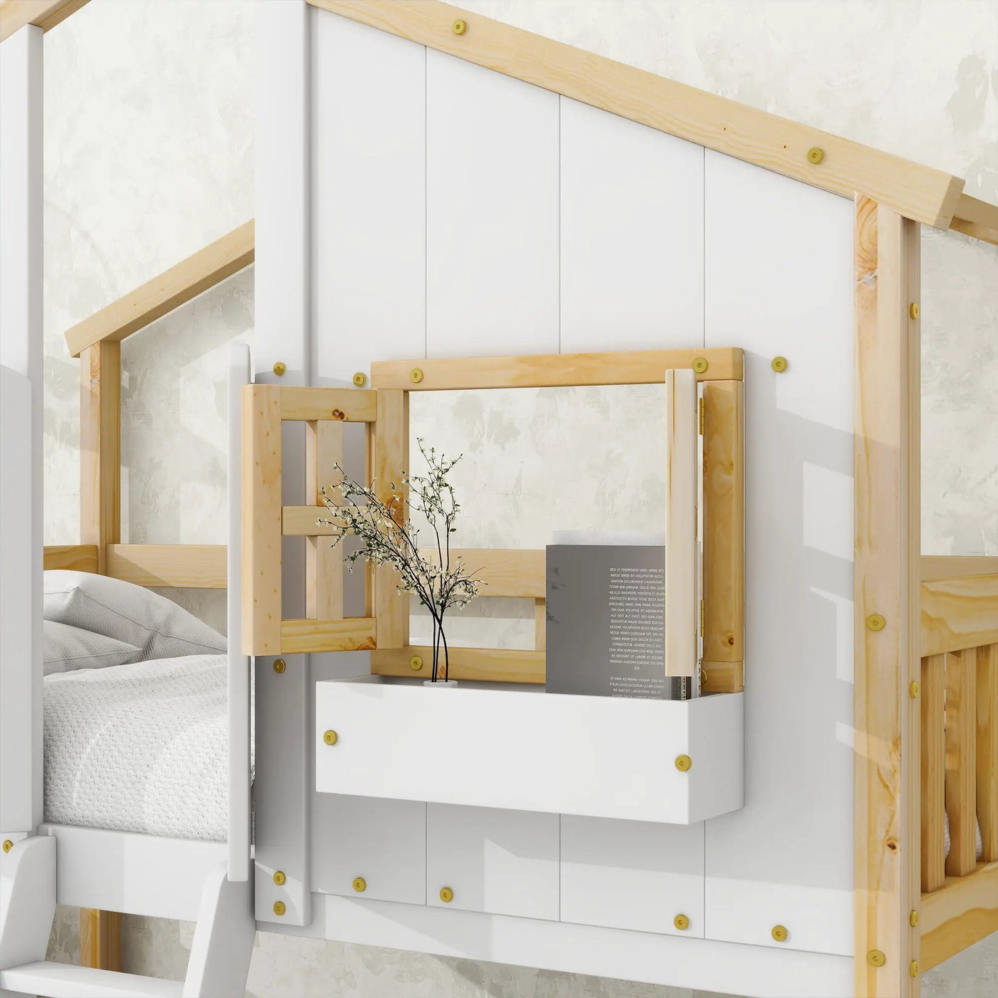 House Bunk Bed With Roof, Window, Window Box, Door, With Safety Guardrails And Ladder by Unique Piece Furniture