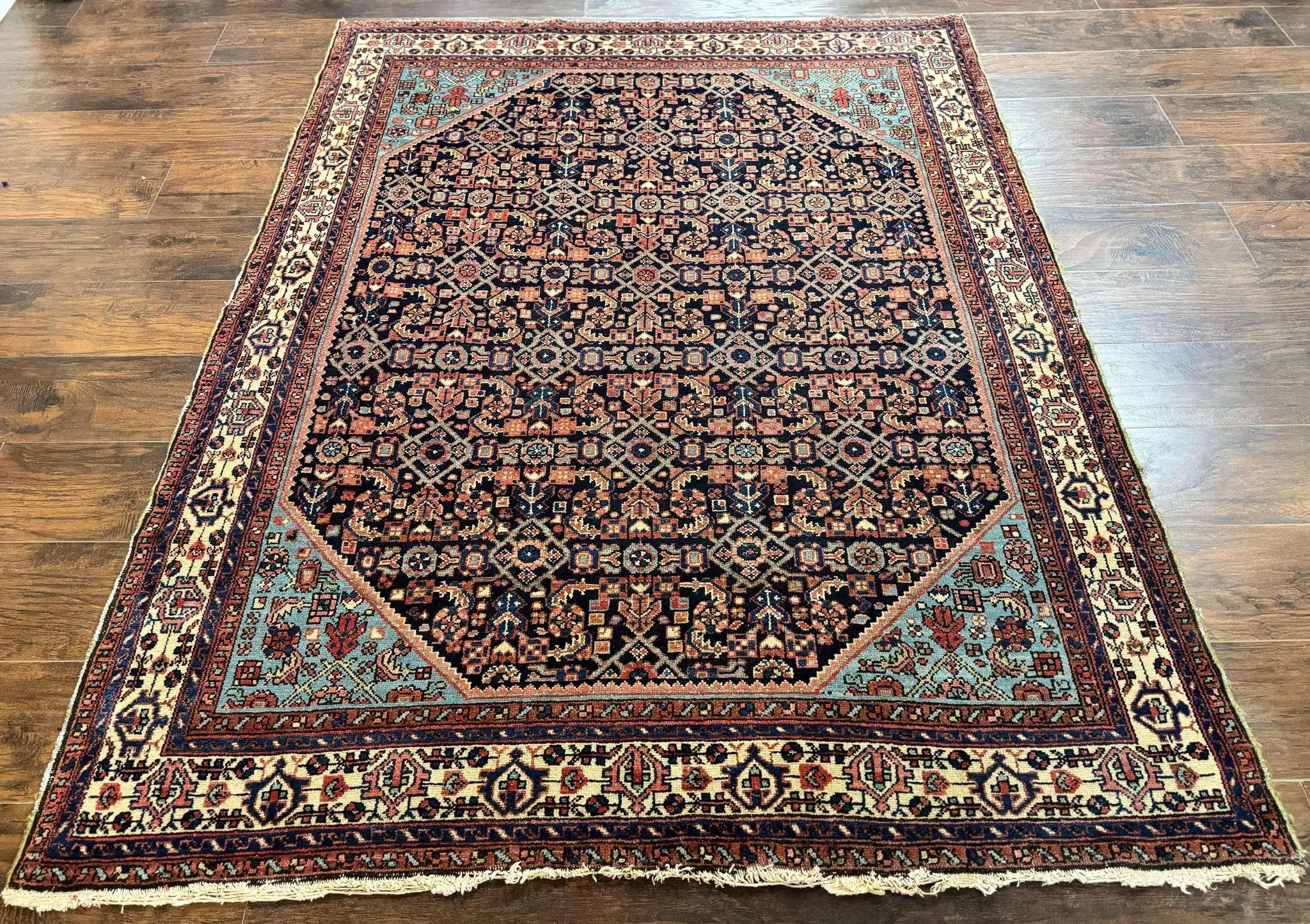 Antique Persian Rug 5 x 6.7, Navy Blue & Ivory, Handmade Persian Wool Carpet, Hamadan Angelas Rug by Jewel Rugs