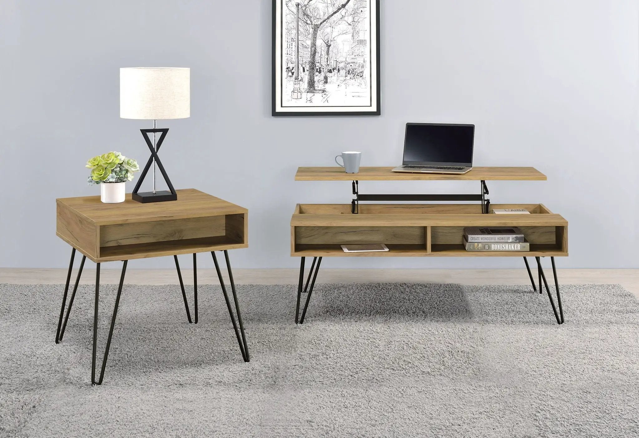 Fanning 2-piece Lift Top Coffee and End Table Set Golden Oak by Unique Piece Furniture