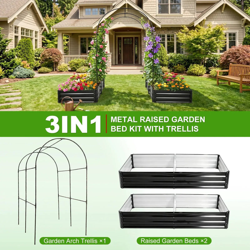 Raised Garden Bed with Arch Trellis, 2 Pack Metal Planter Boxes by HouseOfZazla