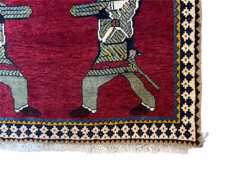 3 X 6 Handmade Wool Rug Tribal Balouch Warriors Deer Animal Pictorial Red Swords by Jewel Rugs