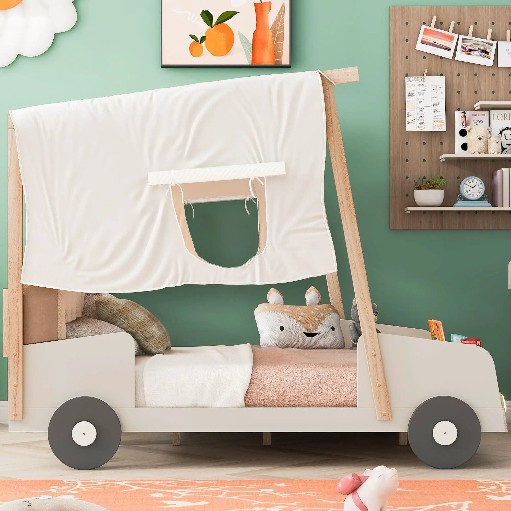 Twin Size Car Bed & Pillow, Ceiling Cloth And LED - Natural by HouseOfZazla