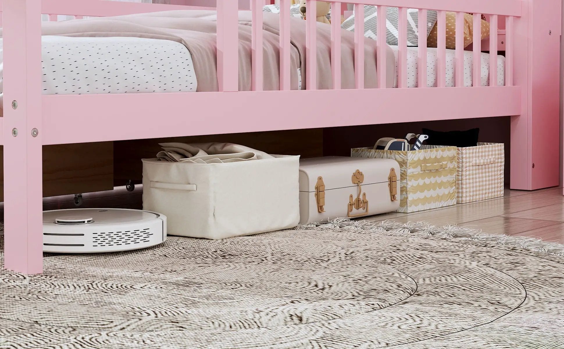 Bed With Headboard Storage Rack, 2 Under Bed Drawers, 3 Side Guardrails For Safety by HouseOfZazla