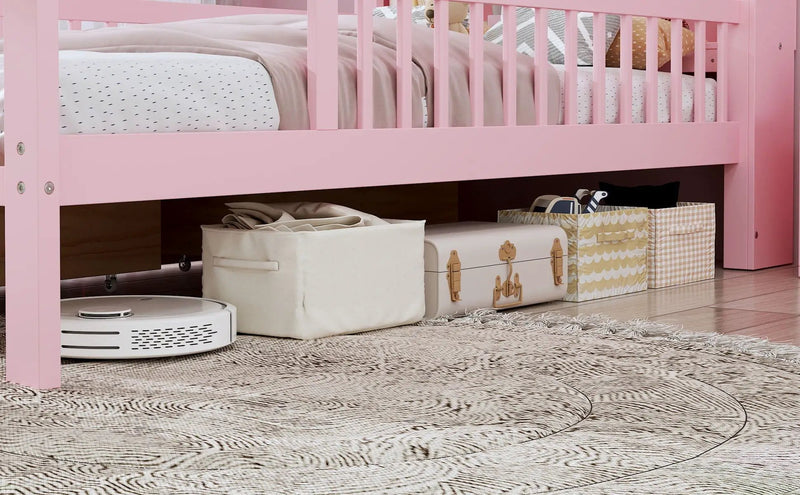 Bed With Headboard Storage Rack, 2 Under Bed Drawers, 3 Side Guardrails For Safety by HouseOfZazla