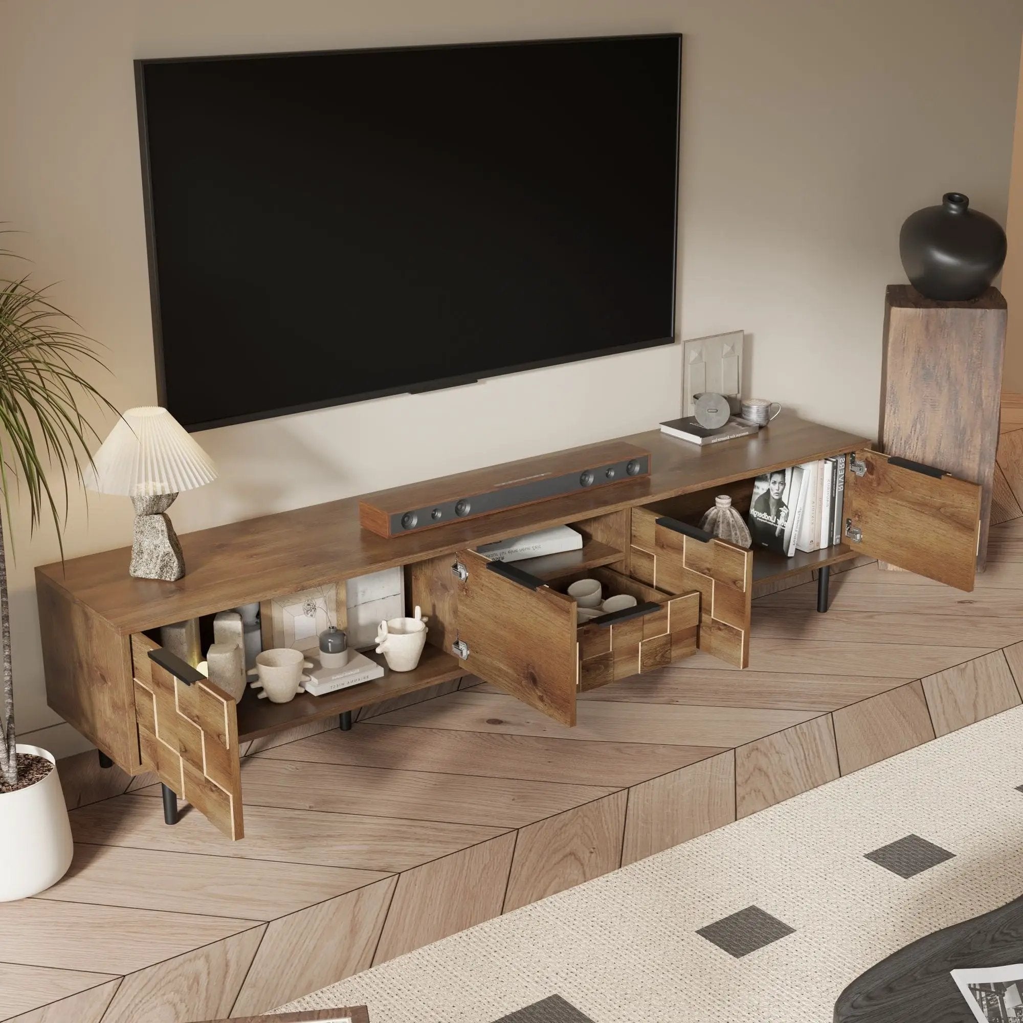 TV Stand, L Shaped Handle Entertainment Console With Storage - Natural by Unique Piece Furniture