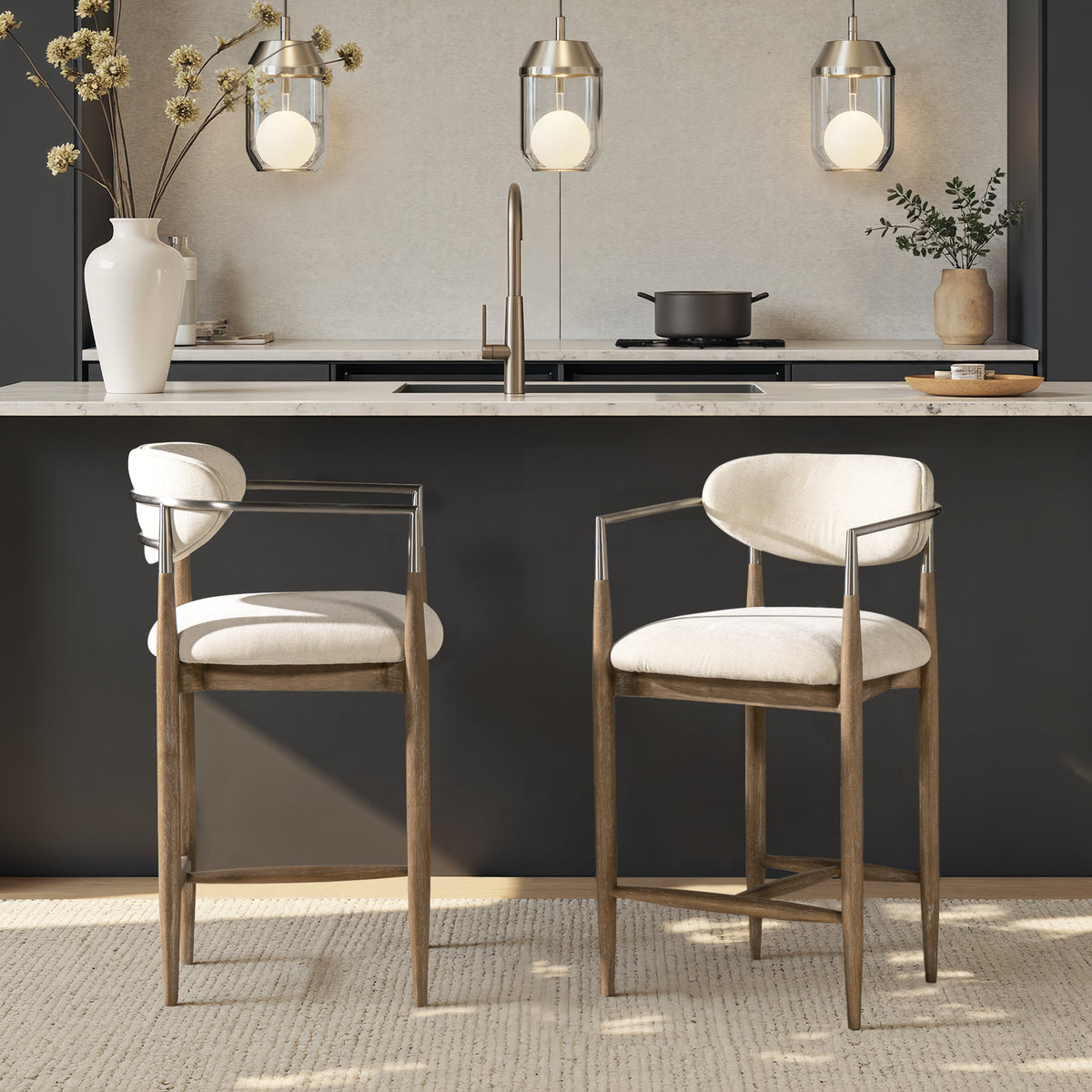 Artemis 26" Mixed Material Upholstered Counter Stool with Solid Rubberwood Frame - Warm, photo 2 of 10