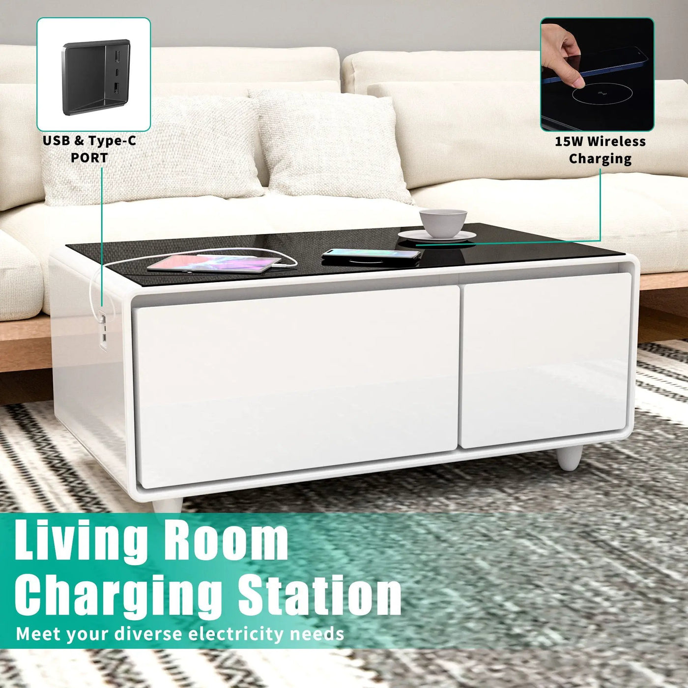 Modern Smart Coffee Table With Built-In Fridge - tooth Speaker, Wireless Charging, Touch Control Panel, USB Interface, Outlet Protection, Atmosphere Light by HouseOfZazla