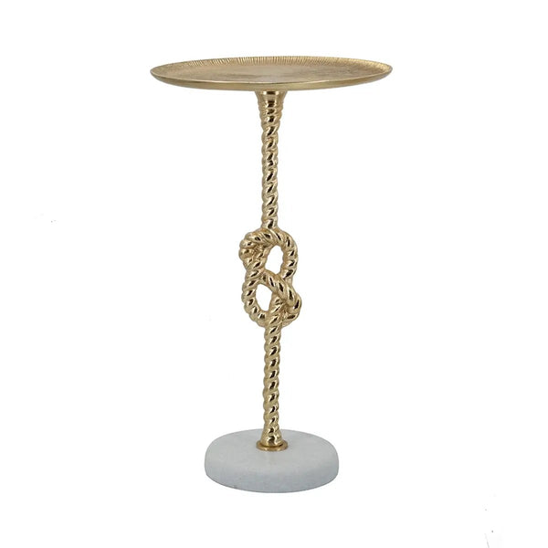 13.8x13.8x24 Gold Side Table with Rope Knot Design and White Marble Base