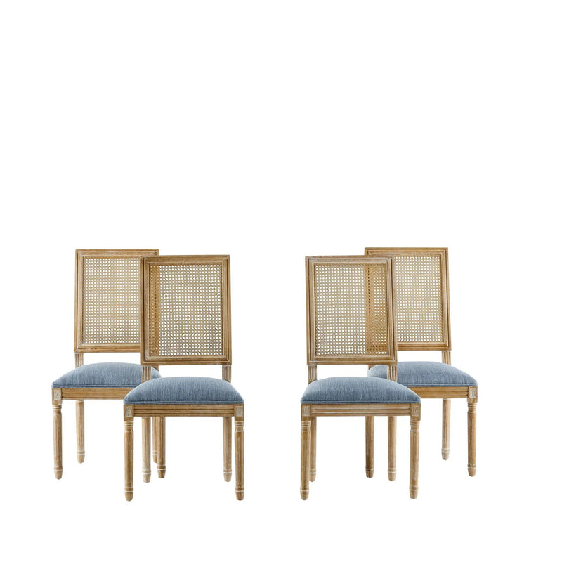 French Country Dining Chair With Rectangular Cane Backrest And Smooth Upholstered Seating by HouseOfZazla