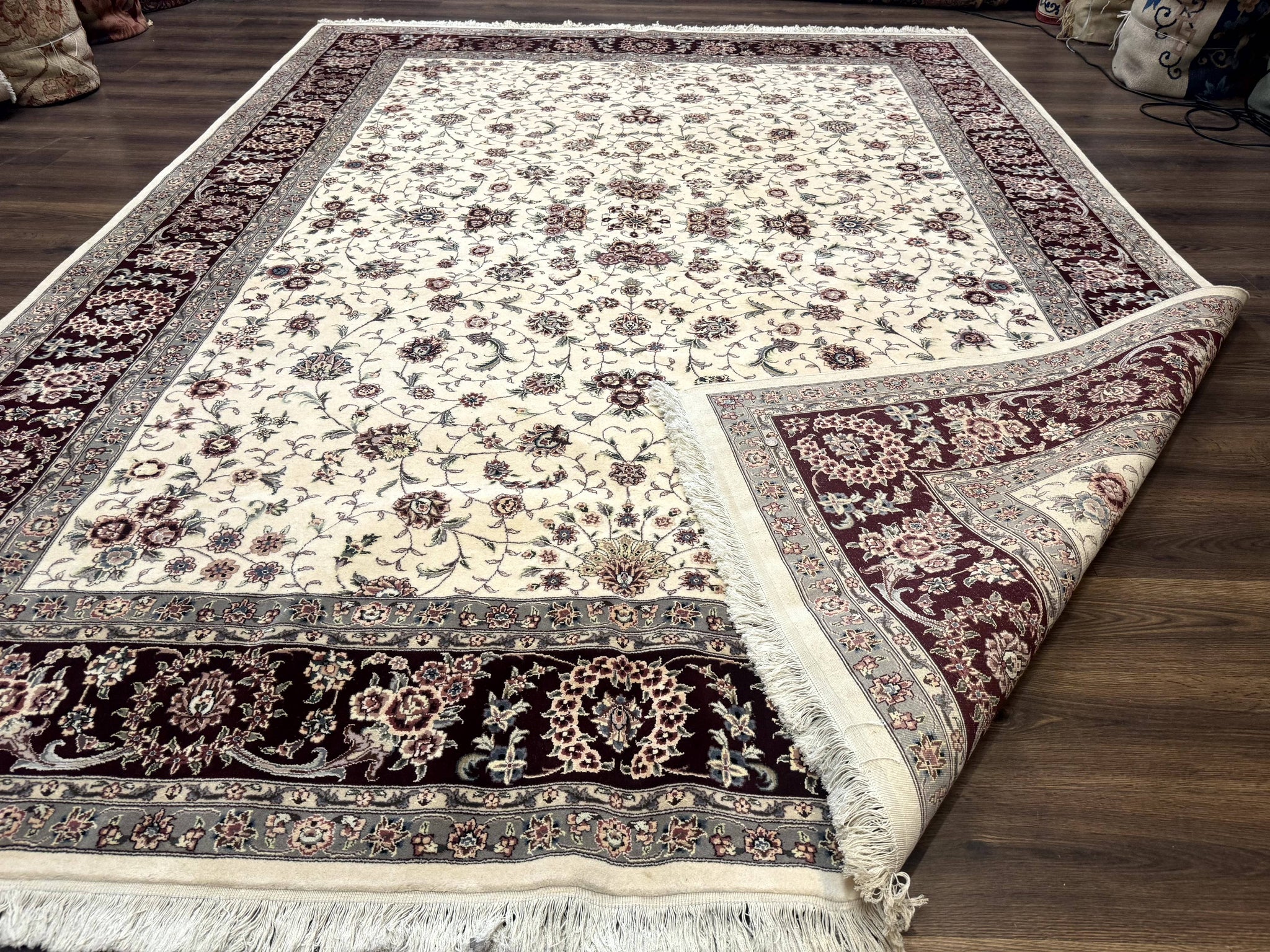 Sino Persian Rug 9x12, Floral Allover Design, 170 KPSI, Ivory and Dark Maroon by Jewel Rugs