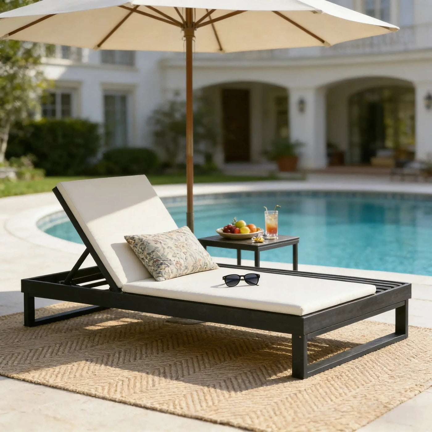 Black Acacia Wood Chaise Lounge with 1.57-Inch Cushions by HouseOfZazla