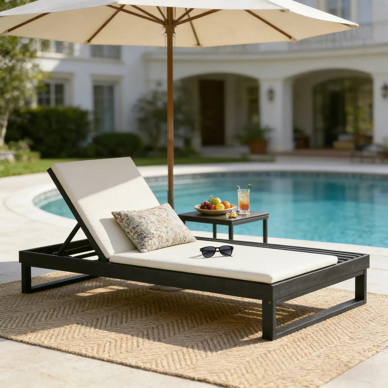 Black Acacia Wood Chaise Lounge with 1.57-Inch Cushions by HouseOfZazla