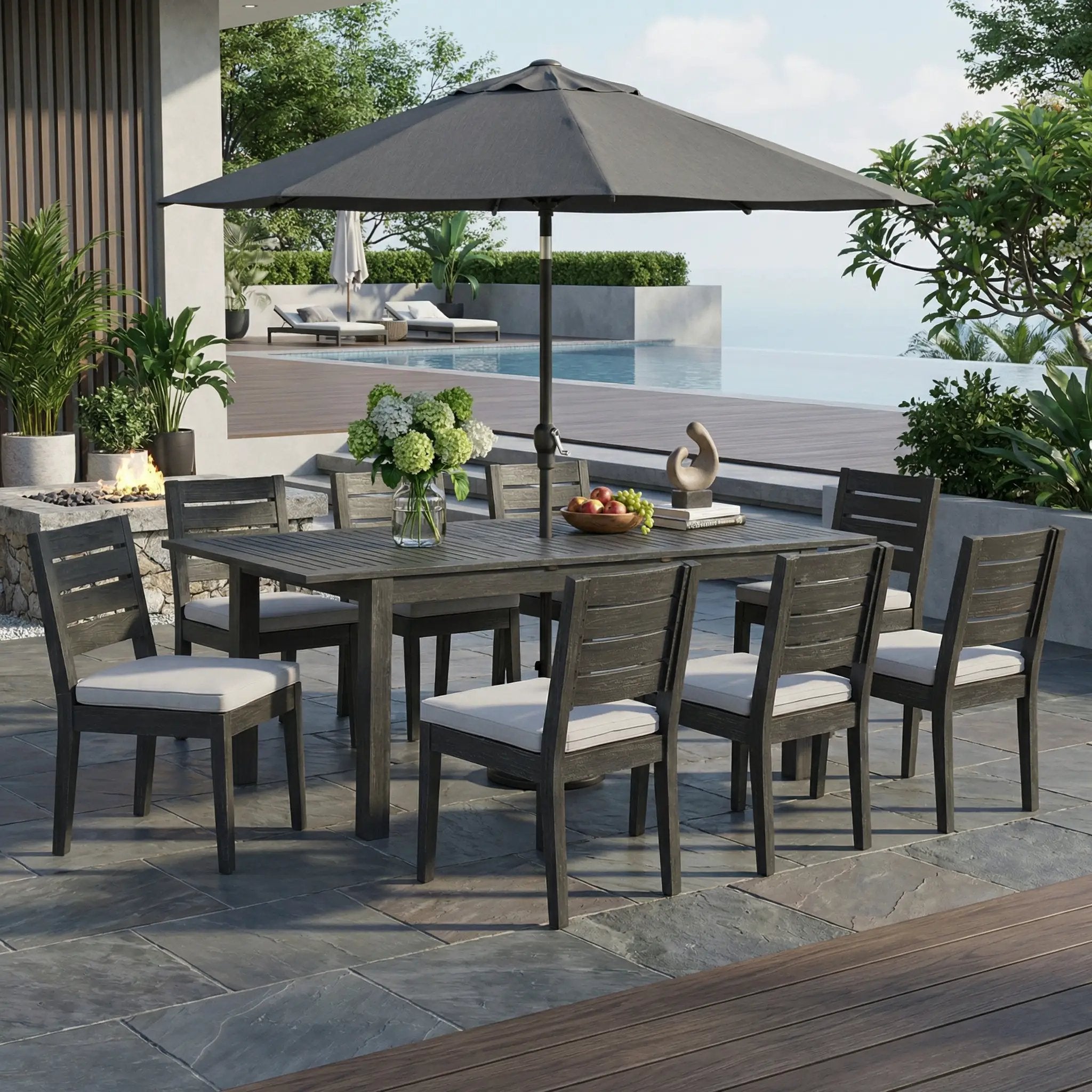 9-Piece Outdoor Dining Set with Extendable Acacia Wood Table and Cushioned Chairs by HouseOfZazla