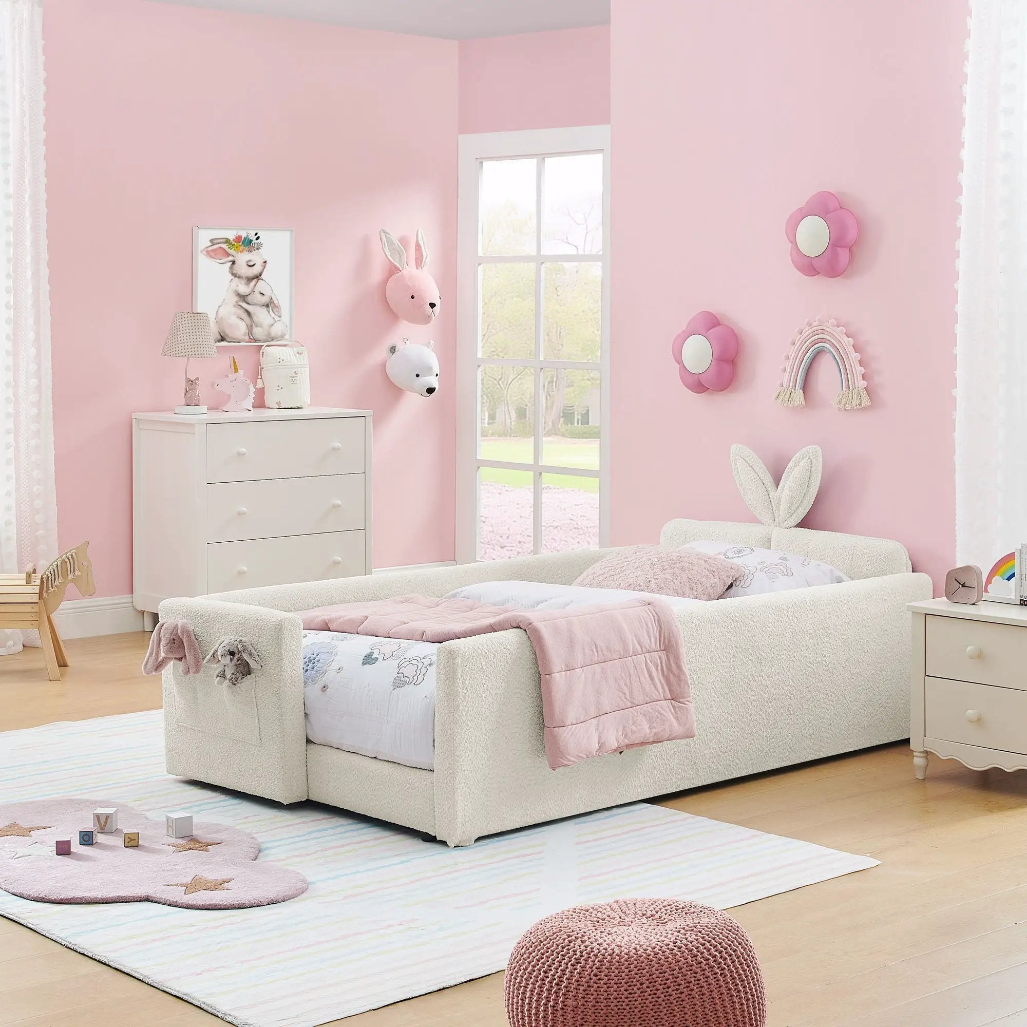 Cute Rabbit Ear Upholstered Platform Bed Frame With Safety Rail by Unique Piece Furniture