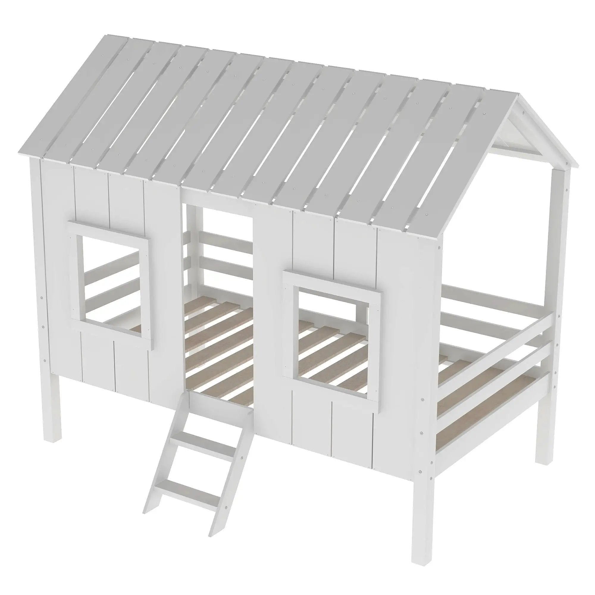 Twin Size Low Loft House Bed With Roof And 2 Front Windows - White by HouseOfZazla