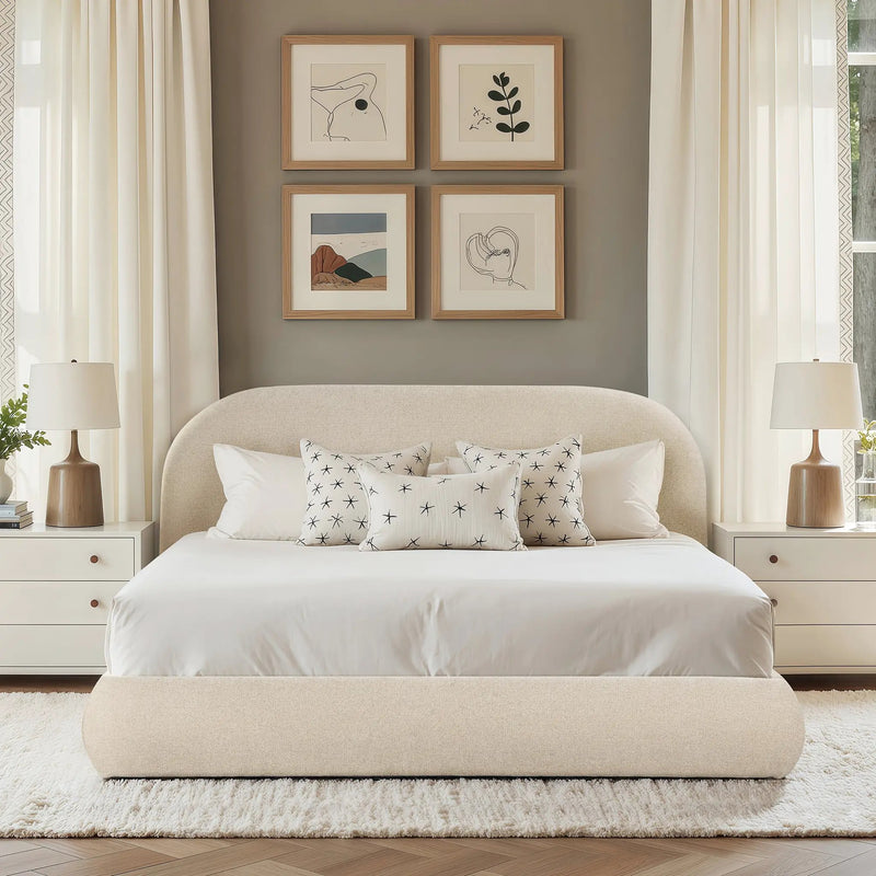Archie Puffy Grounded Upholstered Platform Bed - Oatmeal Light by HouseOfZazla
