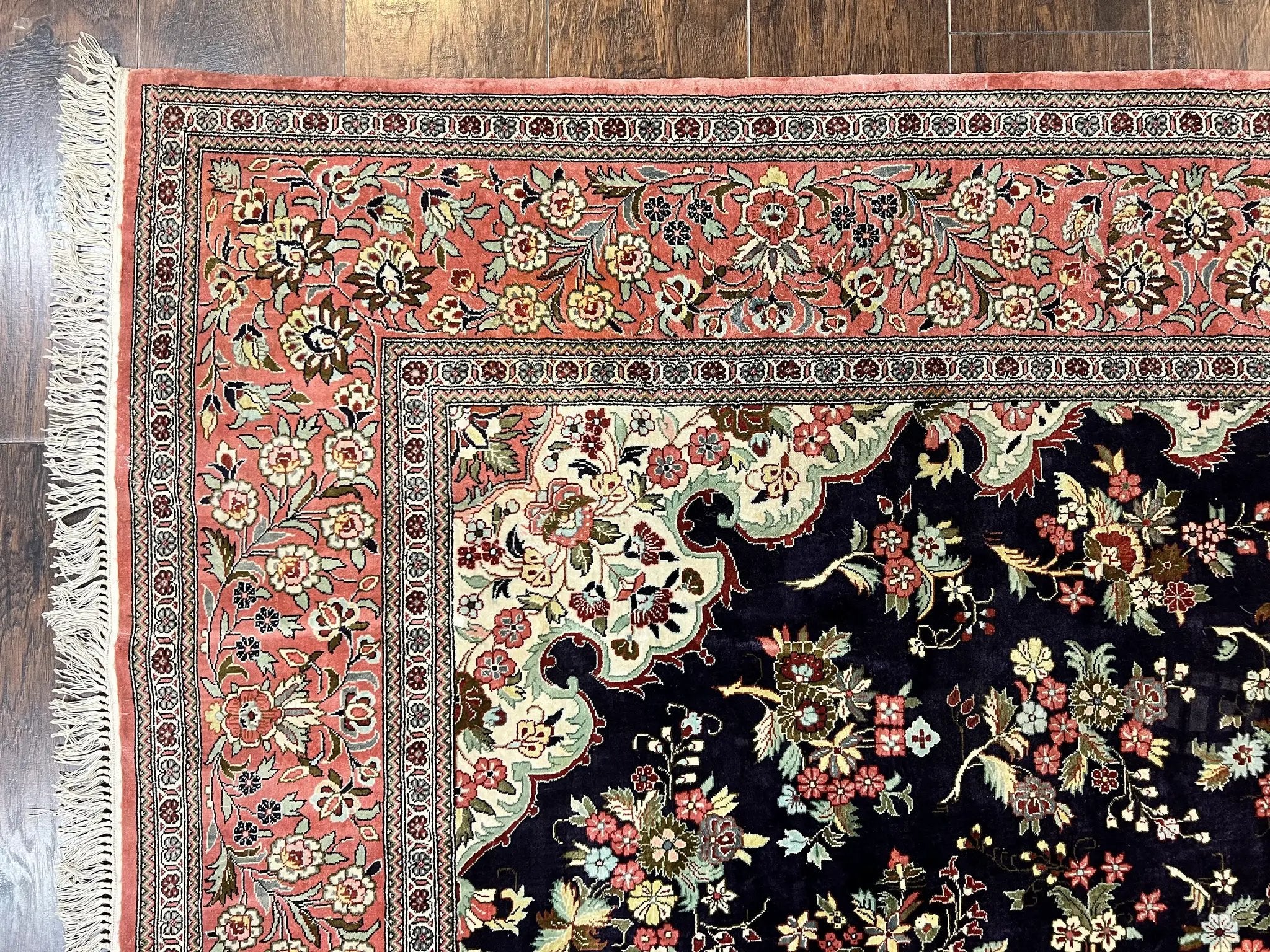 Stunning Silk Persian Qum Rug 7x9, Finely Hand Knotted Navy Blue & Salmon Floral Medallion Authentic Oriental Carpet, Vintage Handmade Silk Ghom Rug, Silk on Silk by Jewel Rugs