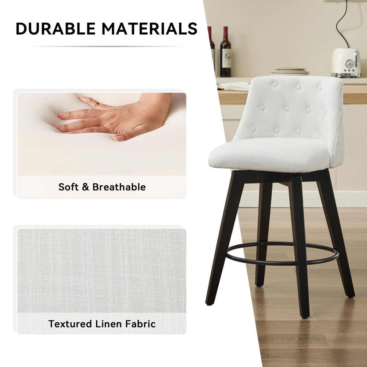 Swivel Bar Stools with Button Tufted Back - White, photo 5 of 12