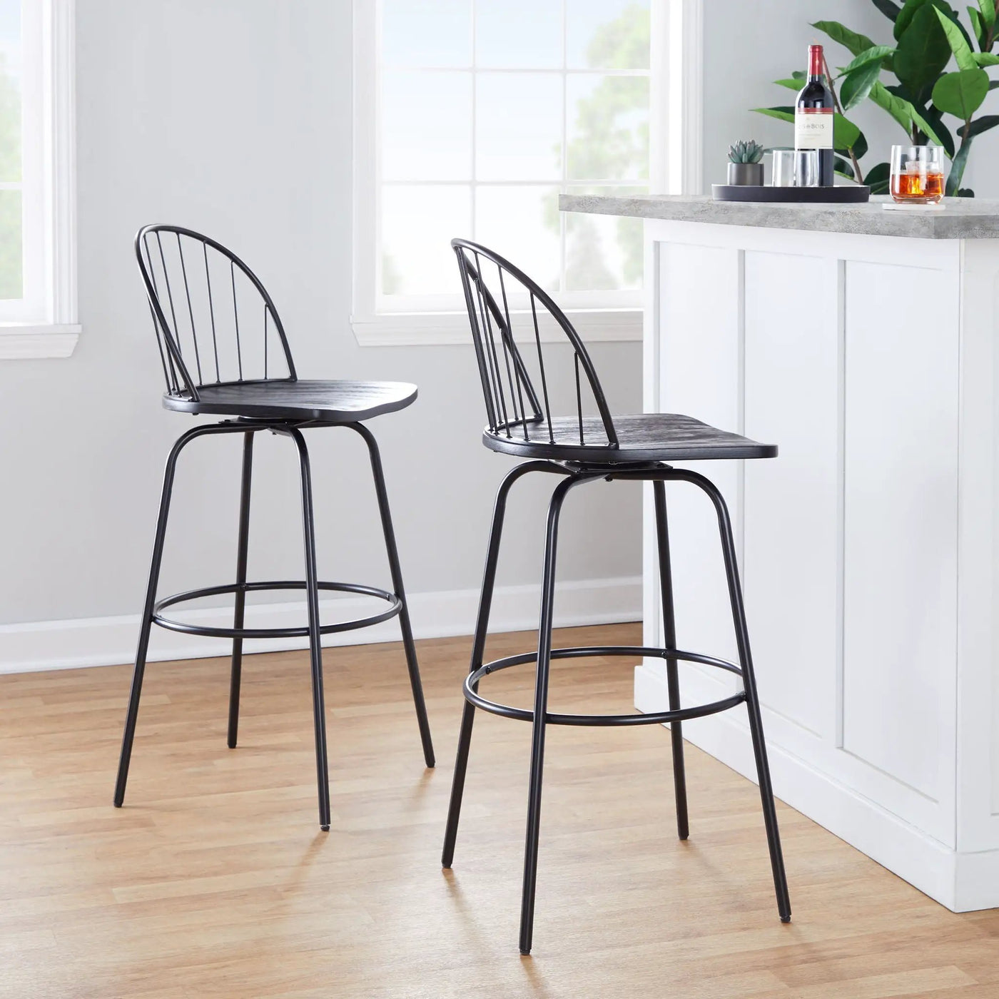Riley - Claire Farmhouse Fixed Height Barstool With Swivel With Round Footrest (Set of 2) by HouseOfZazla