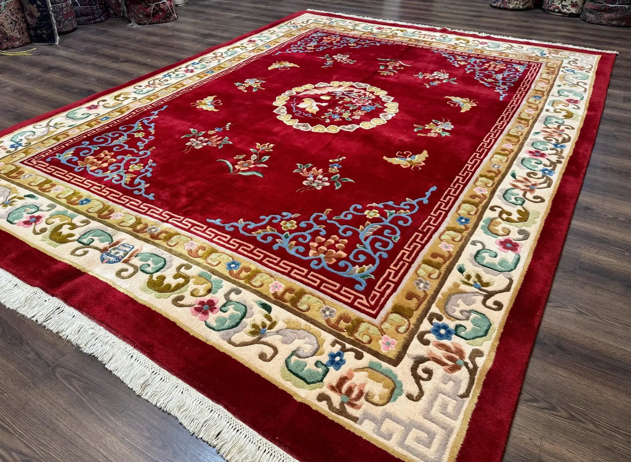 Indo Chinese Wool Rug 9x12, Red Art Deco Carpet, Vintage by Jewel Rugs