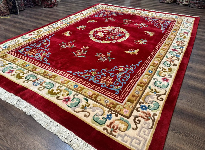 Indo Chinese Wool Rug 9x12, Red Art Deco Carpet, Vintage by Jewel Rugs