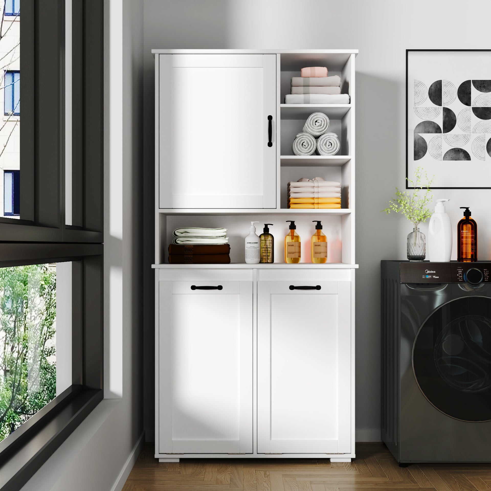 Laundry Cabinet with Doors and Shelf, Tilt-Out Laundry Hamper, Multiple Storage Space by HouseOfZazla