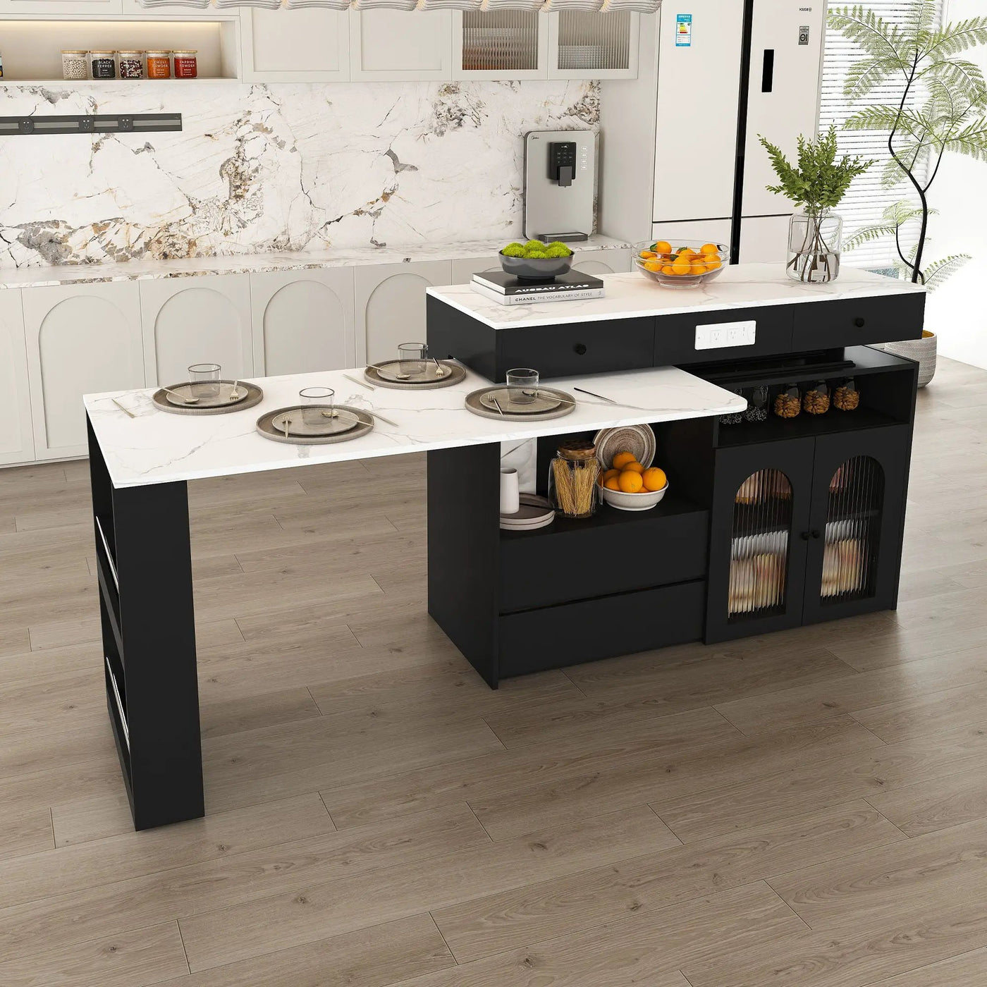 Retro Kitchen Island Set With Chairs, Extendable & Rotating Table, 4 Drawers & Door Cabinets by Unique Piece Furniture