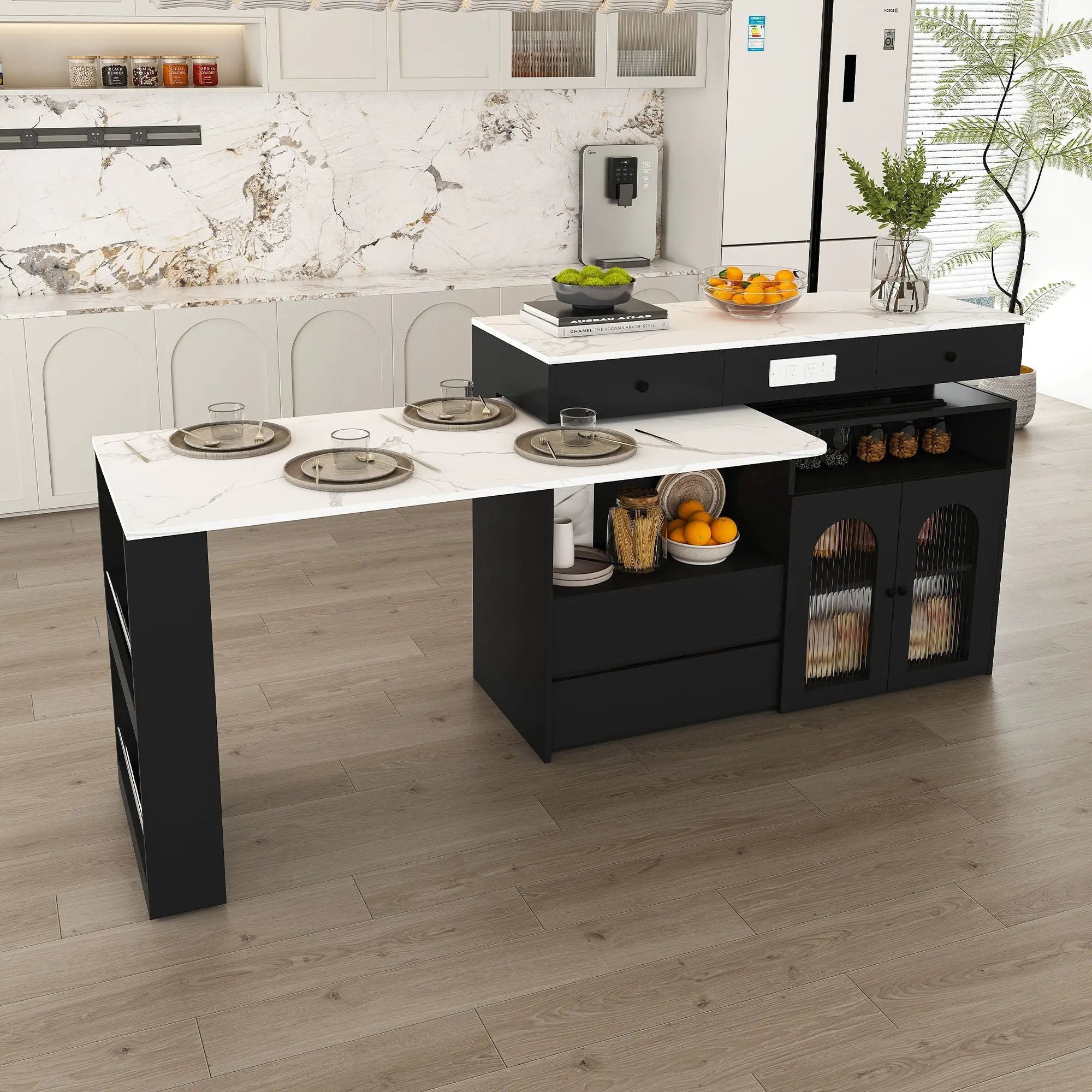 Retro Kitchen Island Set With Chairs, Extendable & Rotating Table, 4 Drawers & Door Cabinets by Unique Piece Furniture