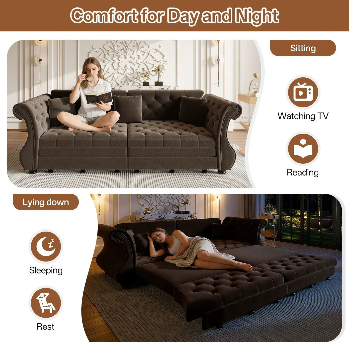 Oversized Chesterfield Pull Out Sofa Bed, Roll Arm Couch With Flower Tufting For Living Room by HouseOfZazla