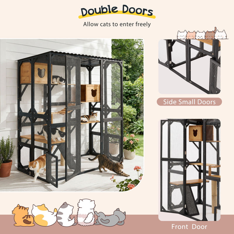 Outdoor Cat Enclosure With Sleeping Houses, Jumping Platforms, Scratching Post by HouseOfZazla