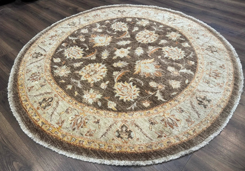 Round Pakistani Rug 6x6, Brown and Beige, Floral, Peshawar Rug, Traditional by Jewel Rugs