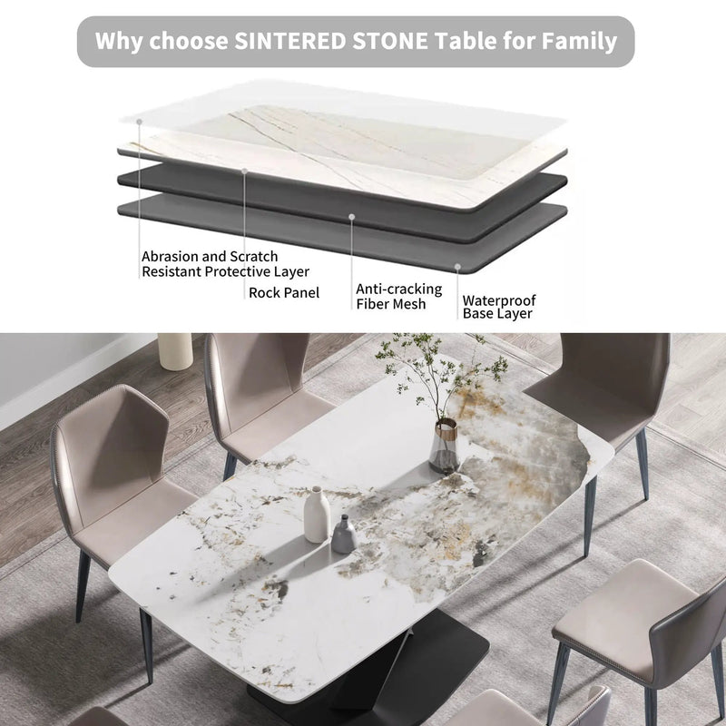 Modern Artificial Stone Pandora White Curved Metal Leg Dining Table, Can Accommodate 6-8 People - Antique White by HouseOfZazla