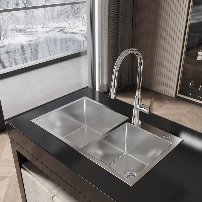 Stainless Steel Kitchen Sink, 32"x19" Double Bowl in Brushed Nickel by HouseOfZazla
