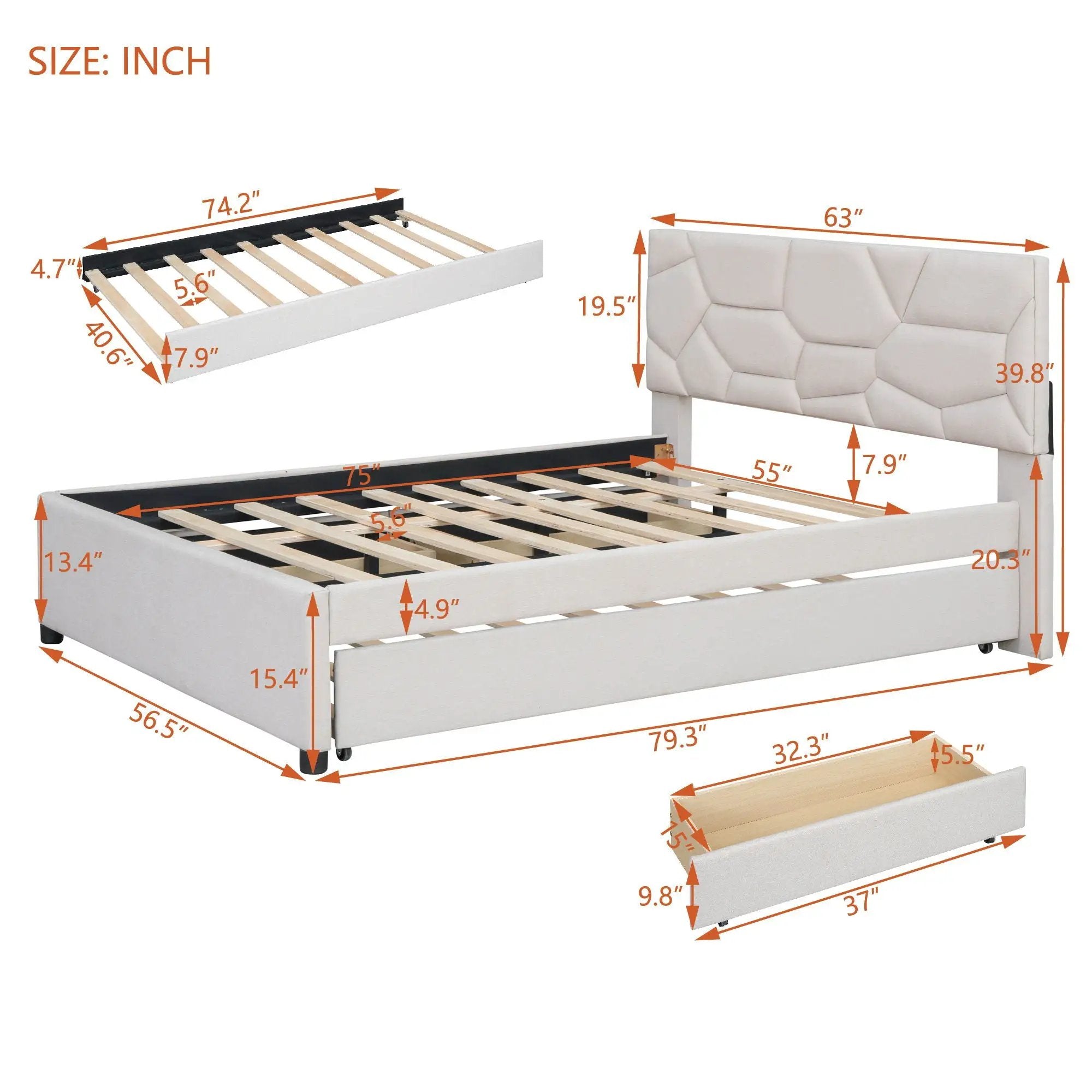Upholstered Platform Bed With Brick Pattern Headboard And Twin Long Size Trundle by HouseOfZazla